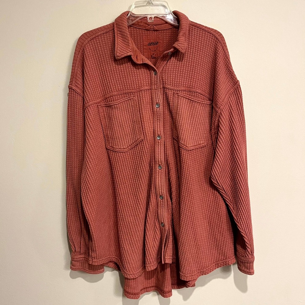 Aerie Shirt Thermal Button Down Shacket Orange Waffle Knit Oversized Women XL